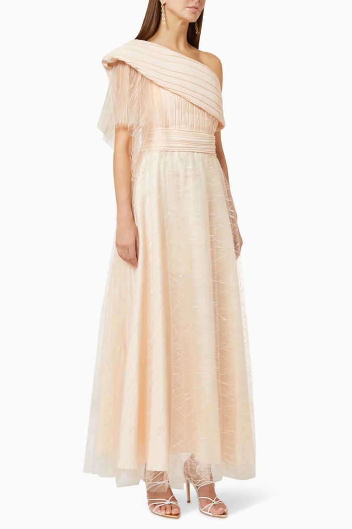 

Asymmetrical Pleated Maxi Dress in Textured Tulle, Neutral