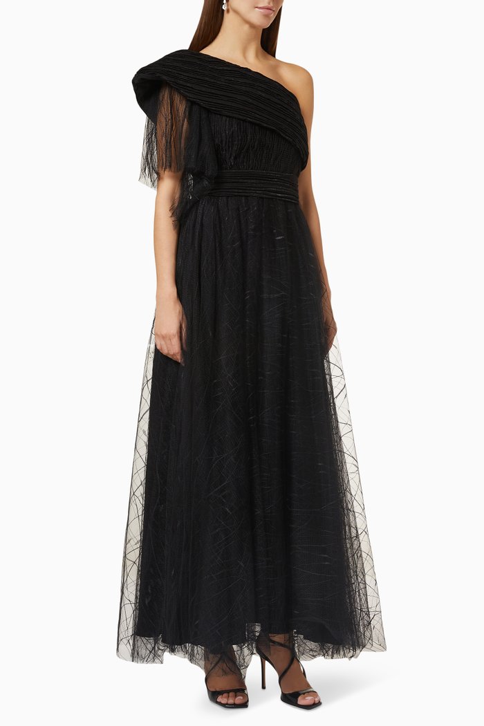 

Asymmetrical Pleated Maxi Dress in Textured Tulle, Black