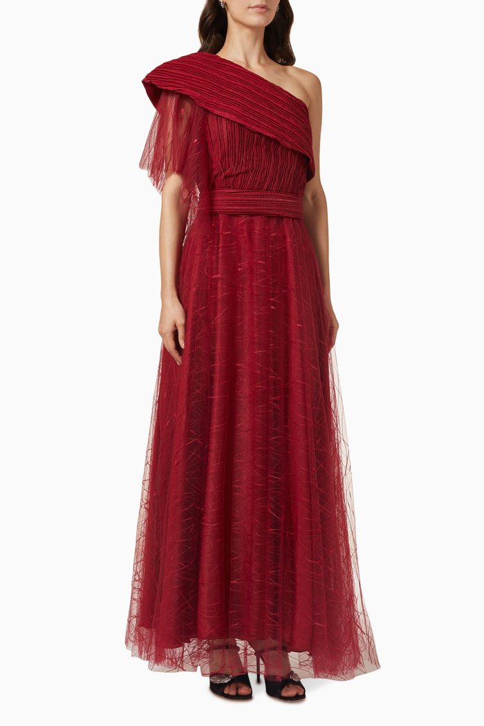 

Asymmetrical Pleated Maxi Dress in Textured Tulle, Pink