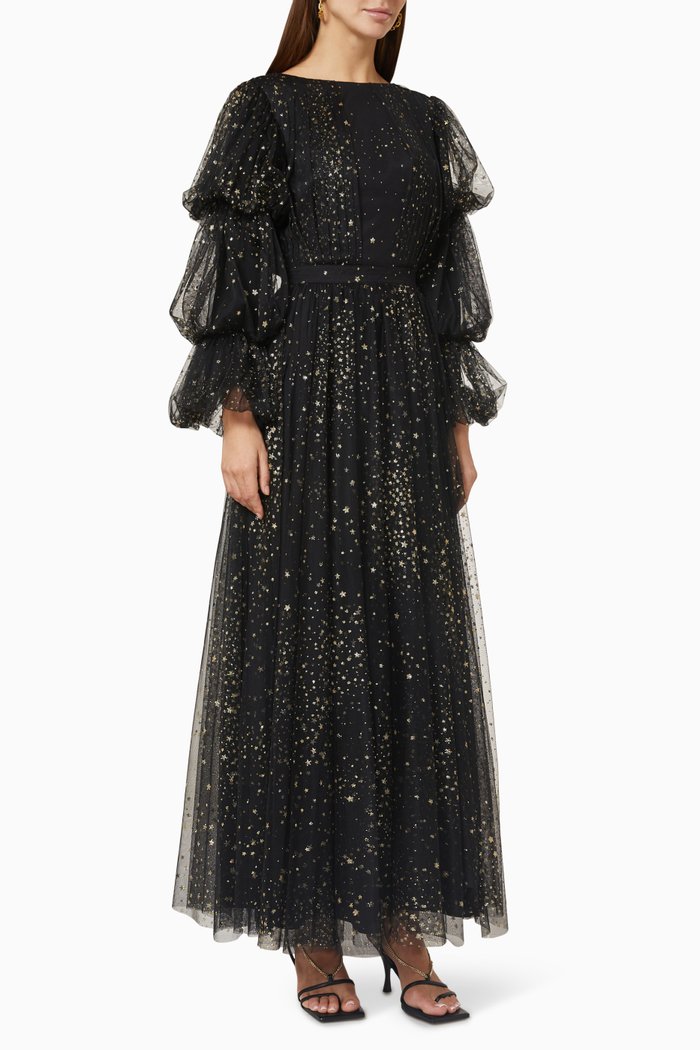 

Tiered Puff Sleeve Maxi Dress in Glitter Tulle, Black