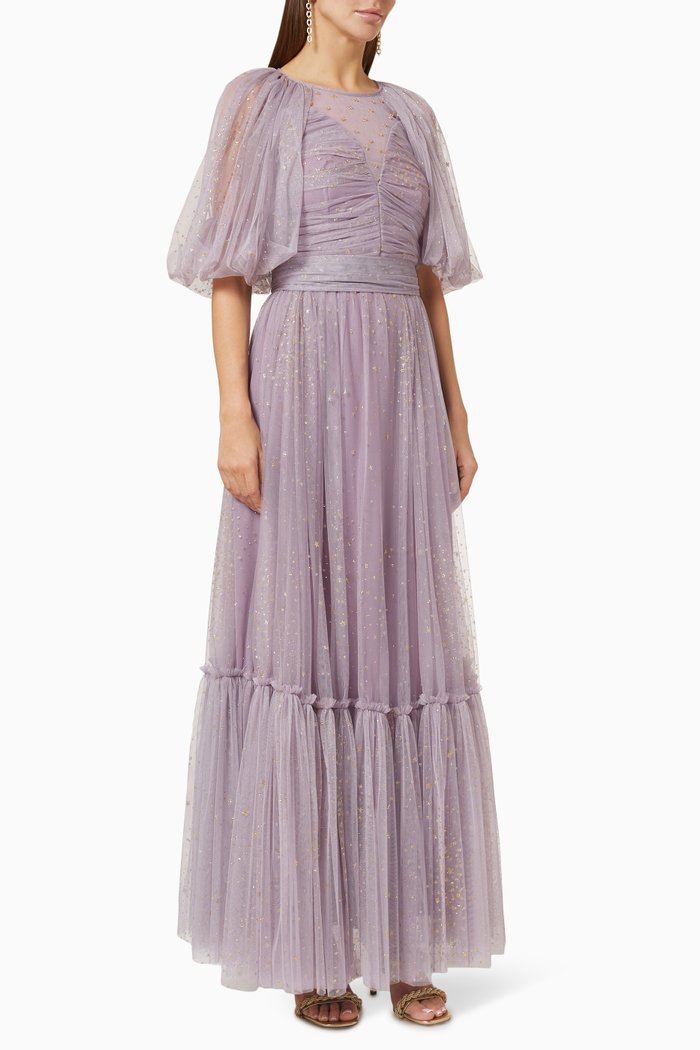 

Puff Sleeve Maxi Dress in Glitter Tulle, Purple