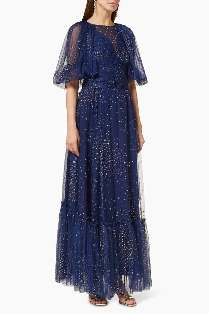 Puff Sleeve Maxi Dress in Glitter Tulle, Blue
