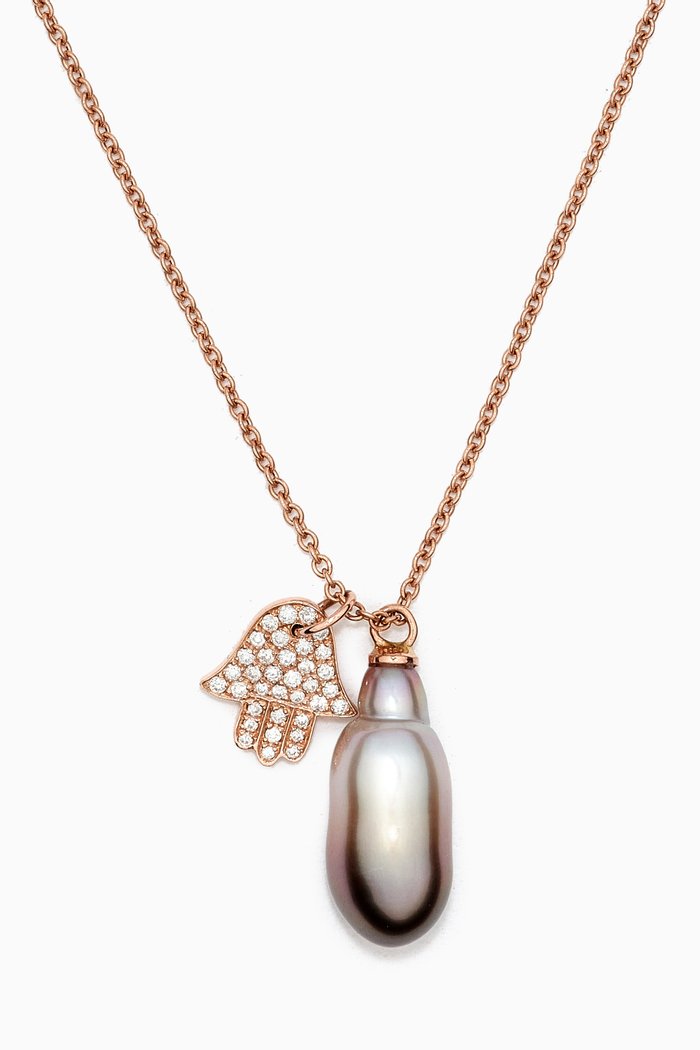 

Luna Pearl & Hamsa Diamond Necklace in 18k Rose Gold