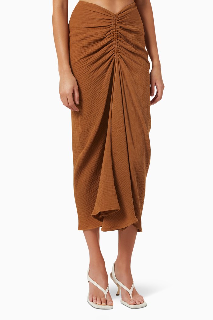

Sedona Ruched Midi Skirt in Cotton Gauze, Brown