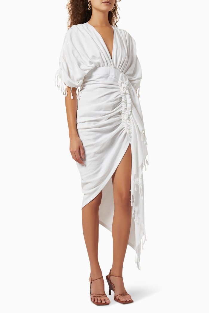 

Luma Draped Fringe Dress in Cotton Gauze, White