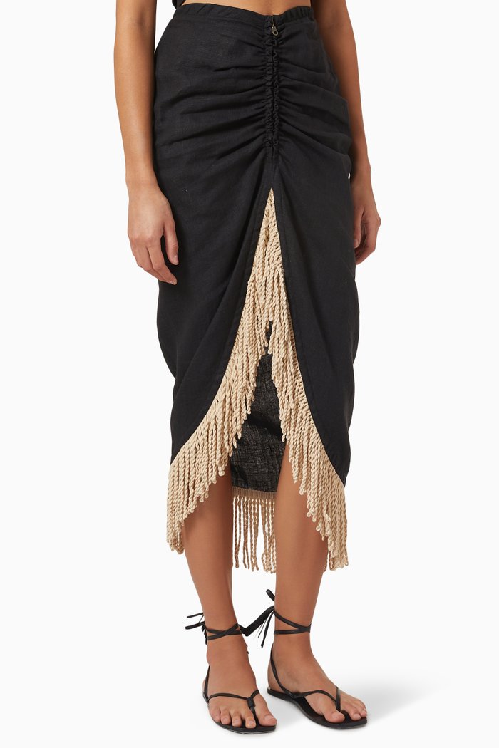 Mallorca Fringe Midi Skirt in Linen, Black