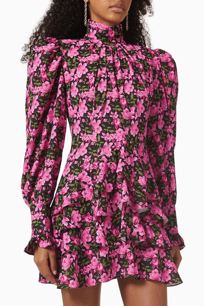 

Camellia Turtleneck Floral Mini Dress in Chiffon, Pink