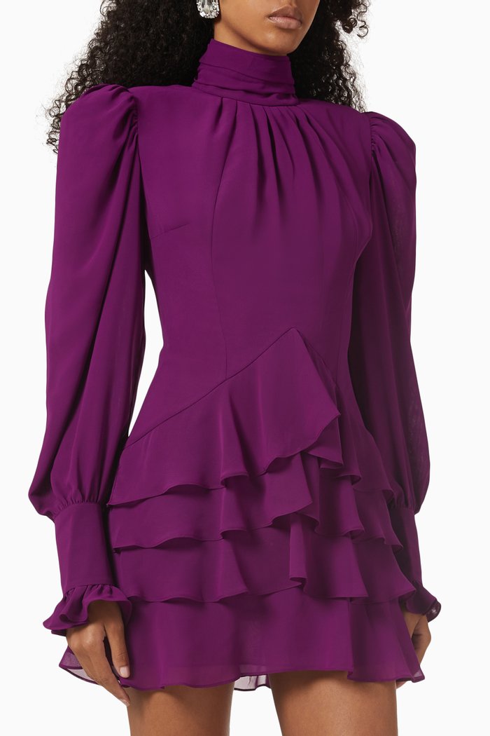 

Camellia Turtleneck Mini Dress in Chiffon, Burgundy