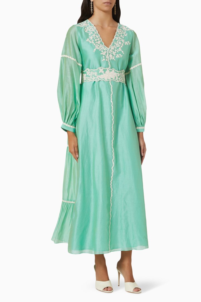 Honorine V-Neck Floral Embroidered Dress, Green