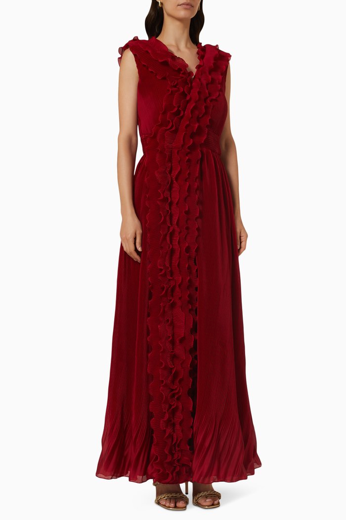 

Rachel Ruffle Pleated Gown in Satin Georgette, Red
