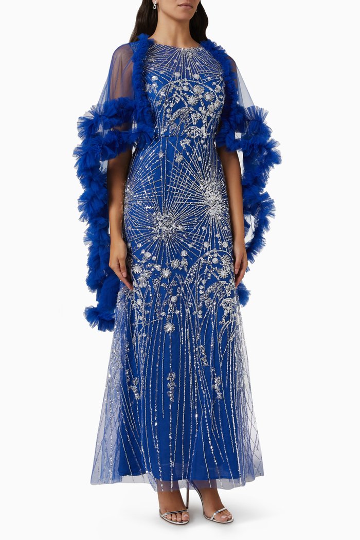 

Valerie Cape Gown in Embellished Tulle Mesh, Blue
