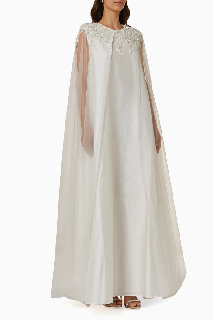 Lilian Pearl Cape Kaftan in Silk Taffeta & Tulle, Neutral