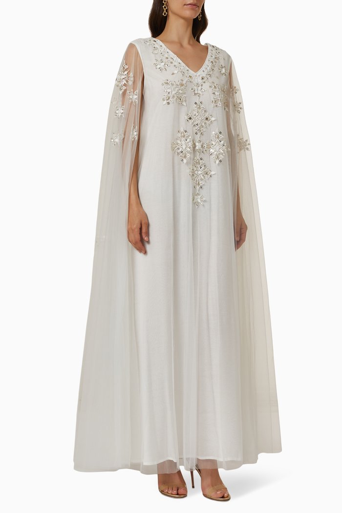 

Julia Embellished Cape Sleeve Kaftan in Silk Tulle, White