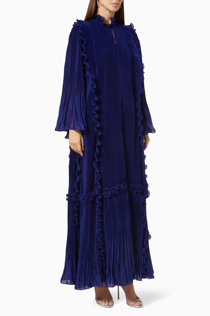 

Isabelle Pleated Coat Kaftan in Satin Georgette, Blue