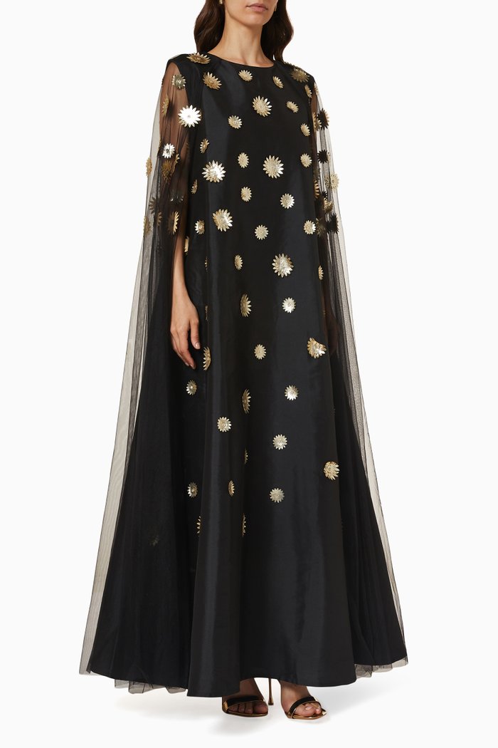 

3D Flora Kaftan in Tulle Mesh, Black