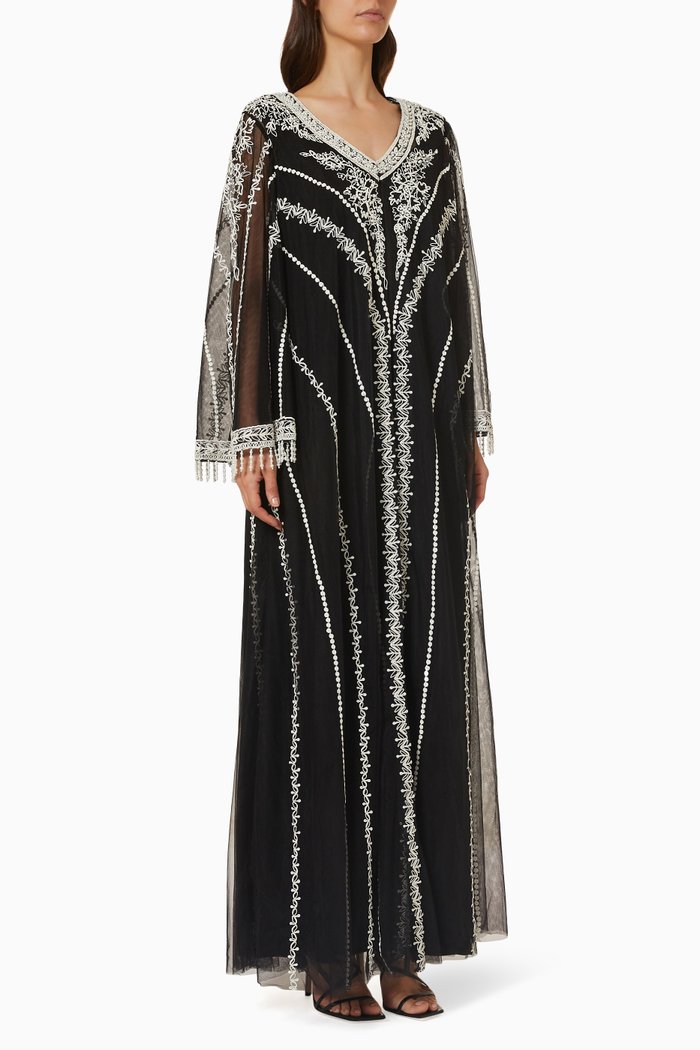 

Freya Embellished Sheer Cape Kaftan in Silk Tulle, Black
