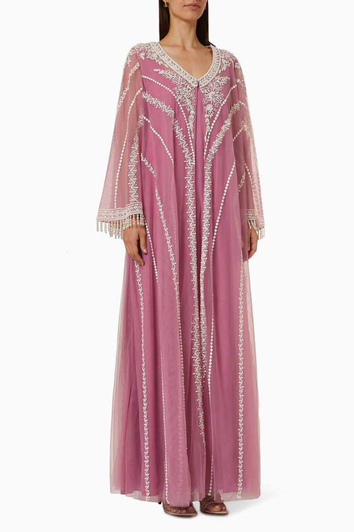 

Freya Embellished Sheer Cape Kaftan in Silk Tulle, Pink