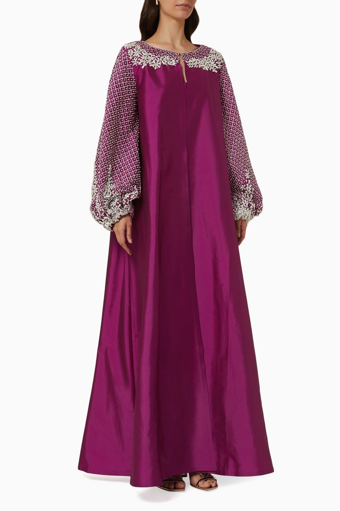 

Rene Embellished Pearl Kaftan Set in Silk Taffeta, Pink