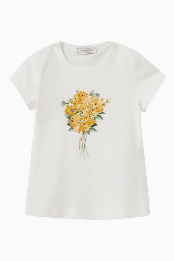

Flower Print T-shirt in Stretchy Cotton, Neutral
