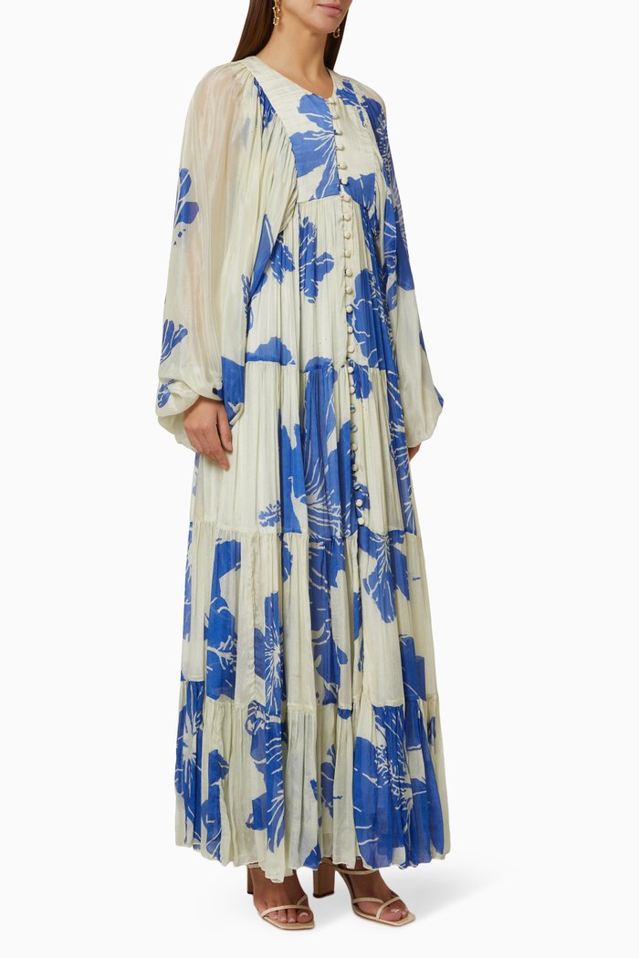 

Floral Balloon Sleeve Dress in Chiffon, White