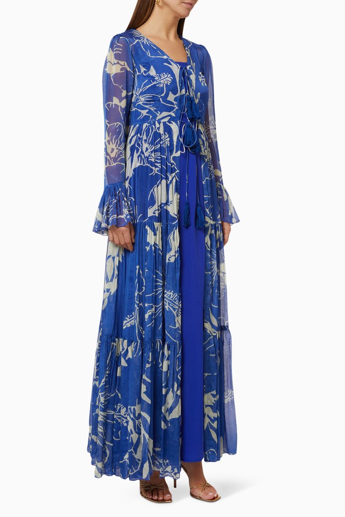 

Floral Tiered Cape in Chiffon, Blue