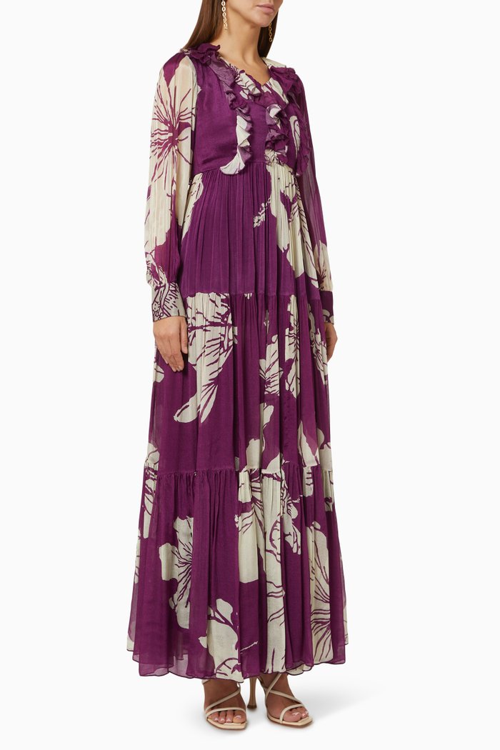 

Floral Tiered Dress in Chiffon, Purple