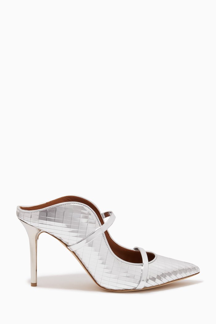 

Maureen 85 Mules in Mirror Laser-cut Leather, Silver