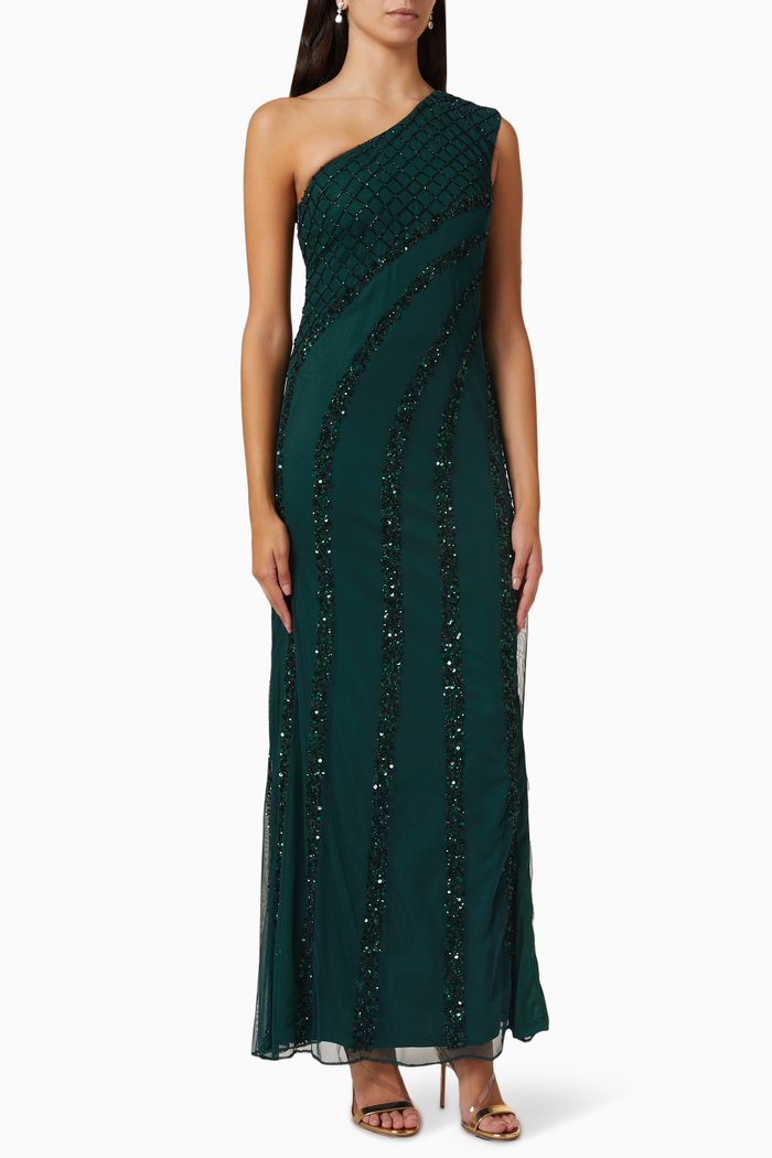 

One Shoulder Cape Gown in Embellished Tulle, Green