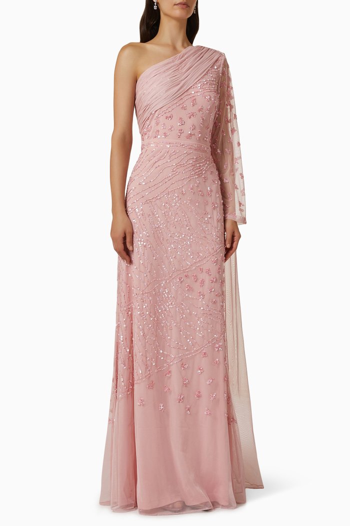 

One Shoulder Cape Gown in Embellished Tulle, Pink