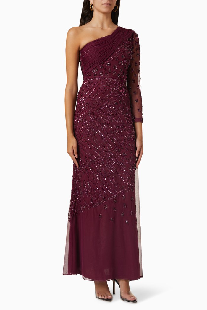 

One Shoulder Cape Gown in Embellished Tulle, Purple