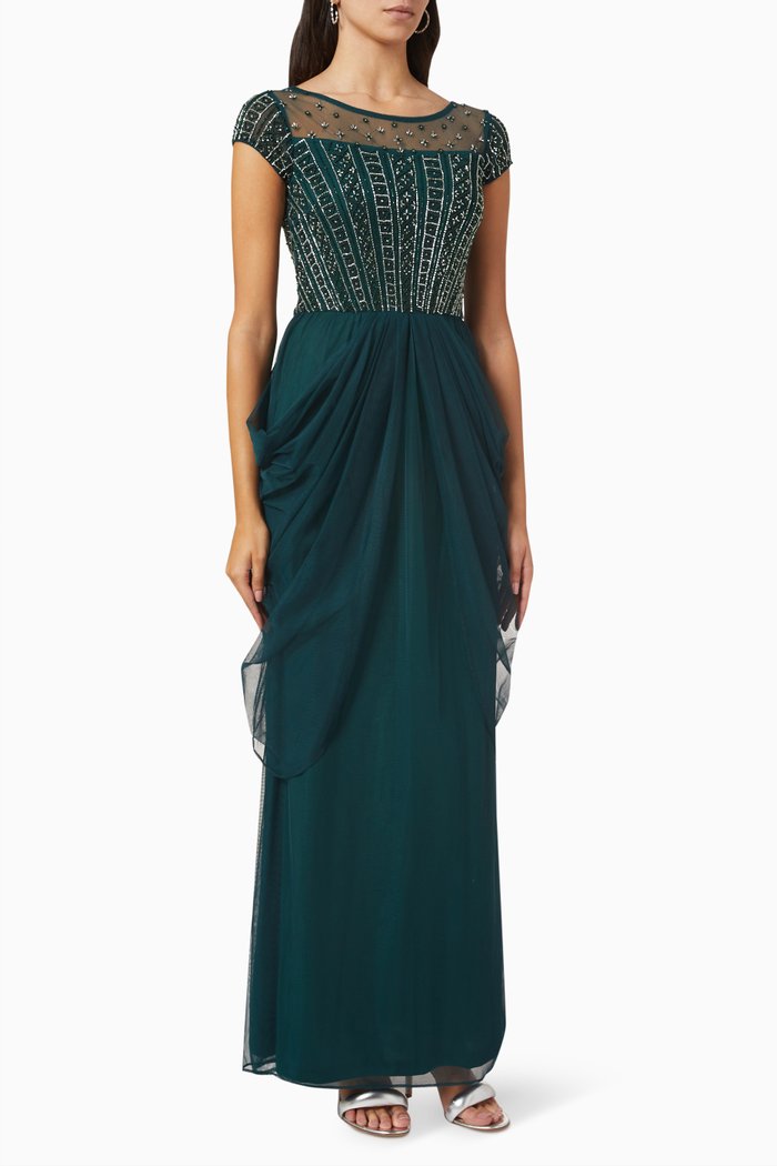 

Crystal Embellished Gown in Tulle Mesh, Green