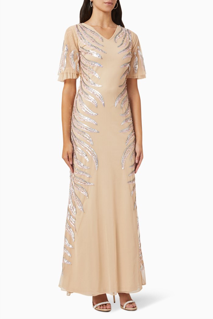 

Feather Sequin Embellished Gown in Tulle Mesh, Neutral