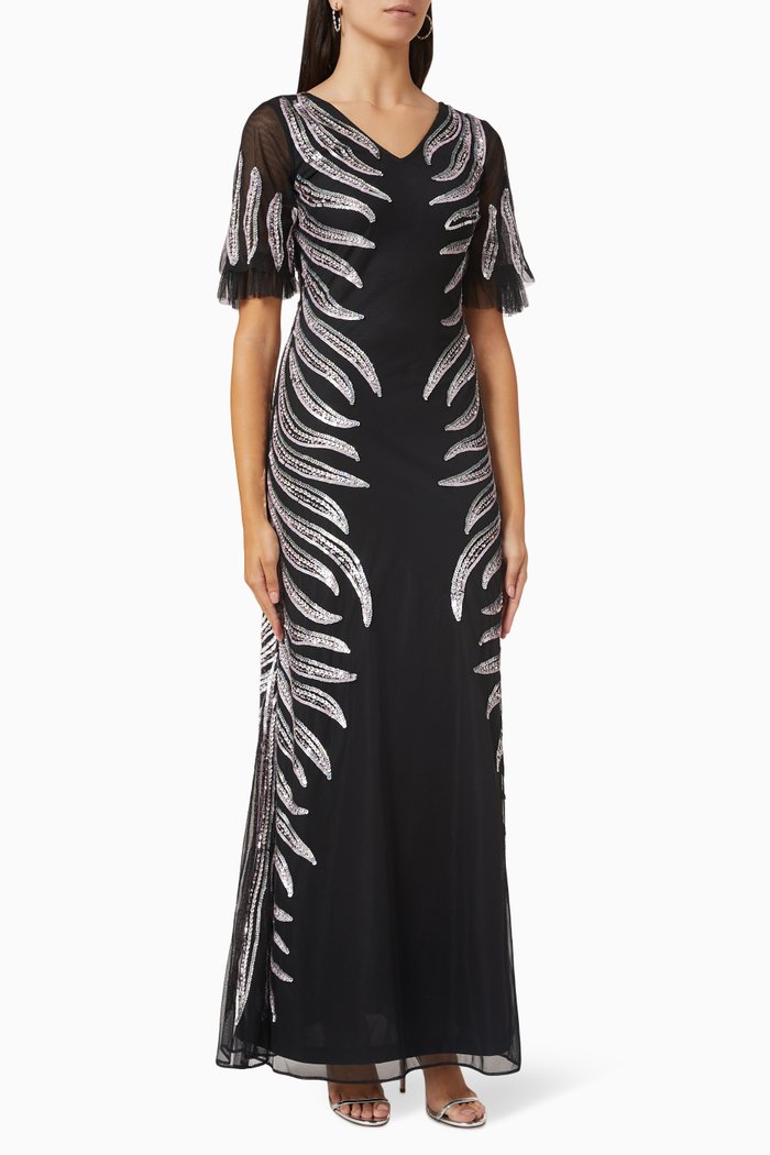 

Feather Sequin Embellished Gown in Tulle Mesh, Black