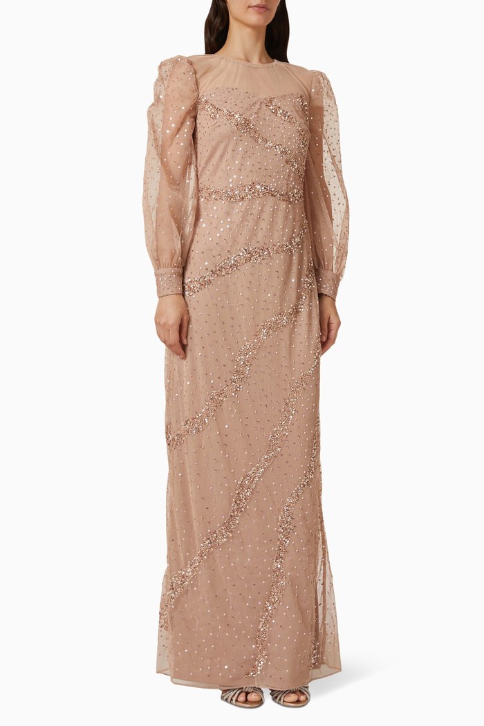 

Puff Sleeve Gown in Embellished Tulle, Neutral