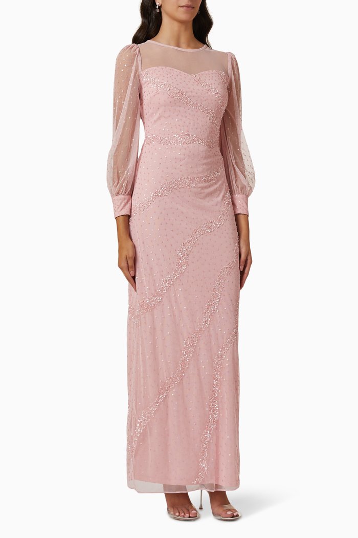 

Puff Sleeve Gown in Embellished Tulle, Pink
