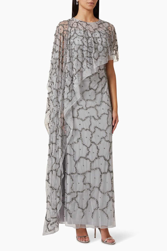

Asymmetric Cape Gown in Embellished Tulle, Grey