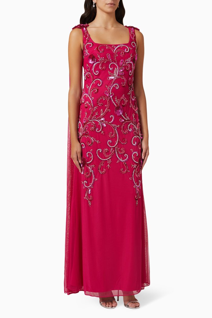 

Cape Stole Gown in Embellished Tulle, Pink