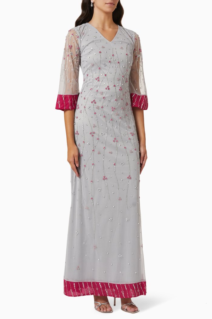 

V Neck Gown in Embellished Tulle, Grey