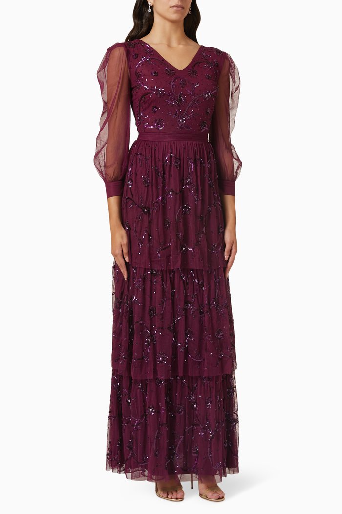 

Puff Sleeve Gown in Embellished Tulle, Purple