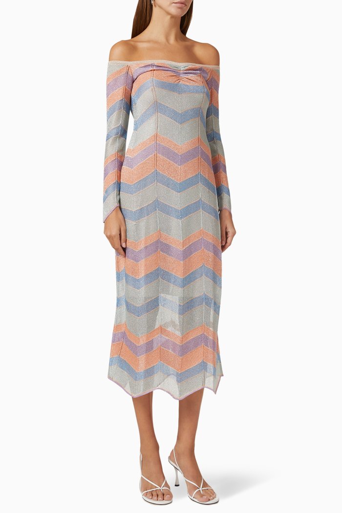

Kiki Chevron Off-shoulder Midi Dress in Metallic Viscose-blend, Multicolour