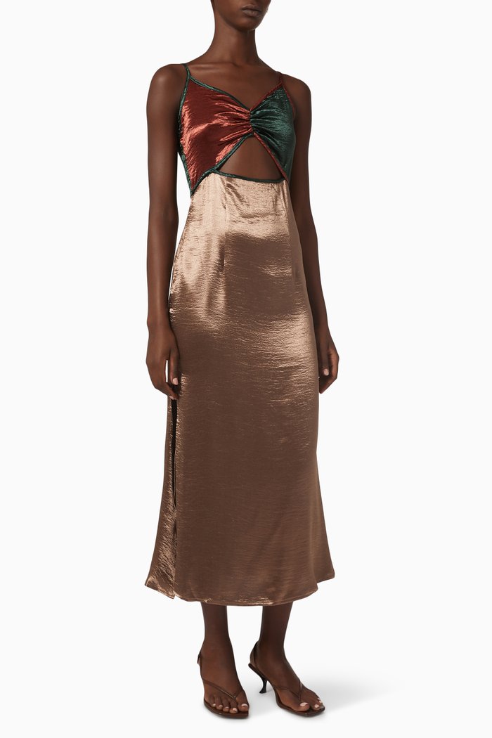 

Tia Spliced Dress in Satin, Brown