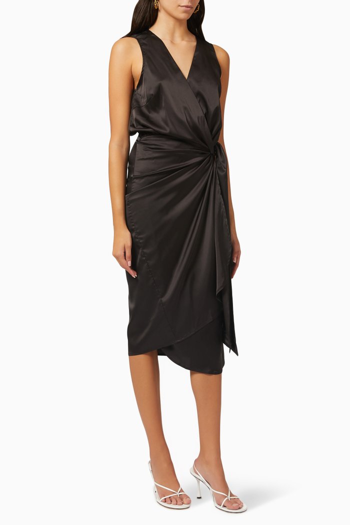 

Vienna Wrap Midi Dress in Satin, Black