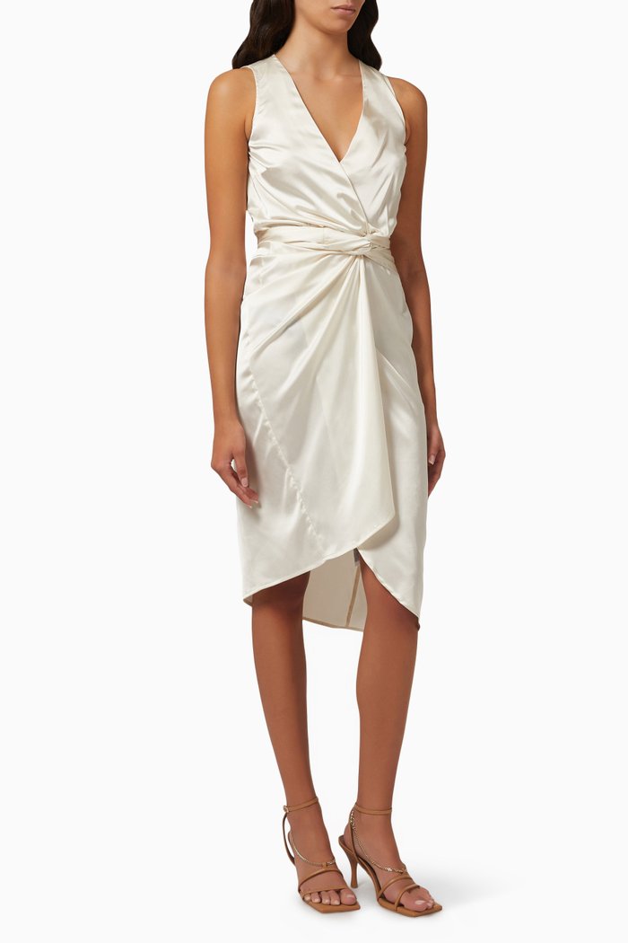 

Vienna Wrap Midi Dress in Satin, White