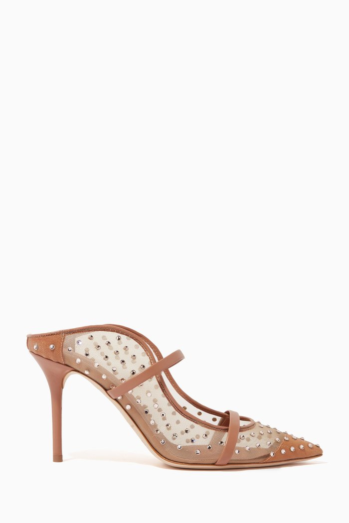 

Maureen 85 Crystal Mules in Mesh & Leather, Neutral