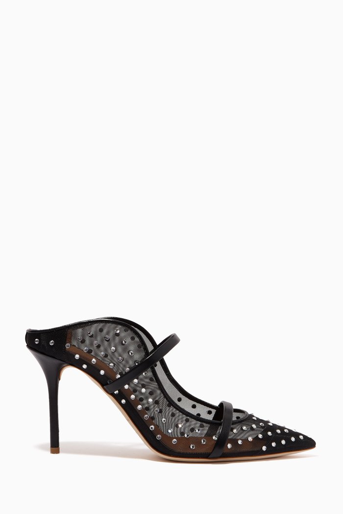 

Maureen 85 Crystal Mules in Mesh & Leather, Black