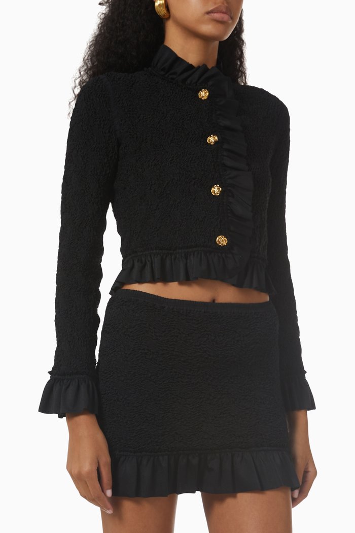 

Ruffled Jacket in Smocked Jersey, Black