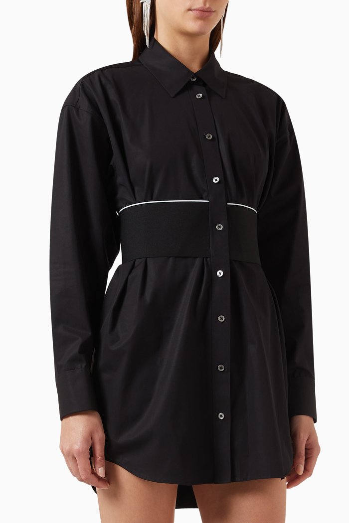 

Elasticated Shirt Dress in Cotton, Black