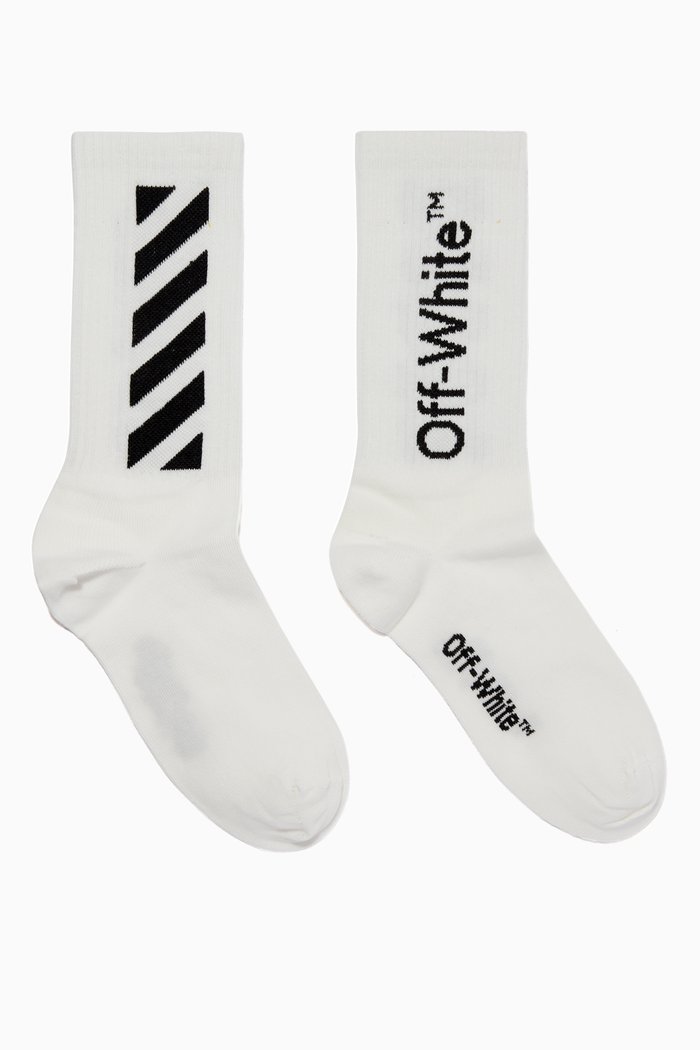 

Diagonal Stripes Mid Length Socks in Cotton, White