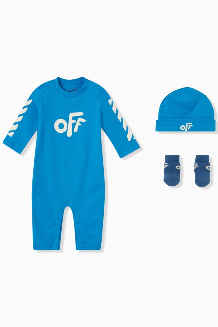 

Logo Pyjama Set of Romper, Hat & Socks in Cotton, Blue