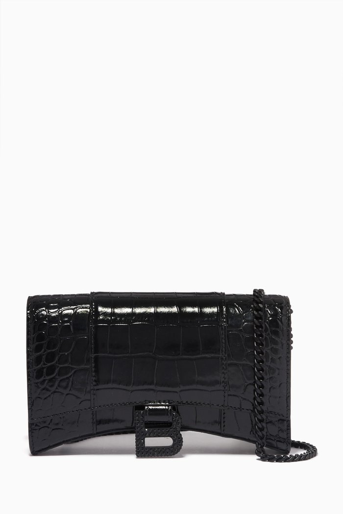 

Hourglass Wallet on Chain in Crocodile Embossed Calfskin, Black
